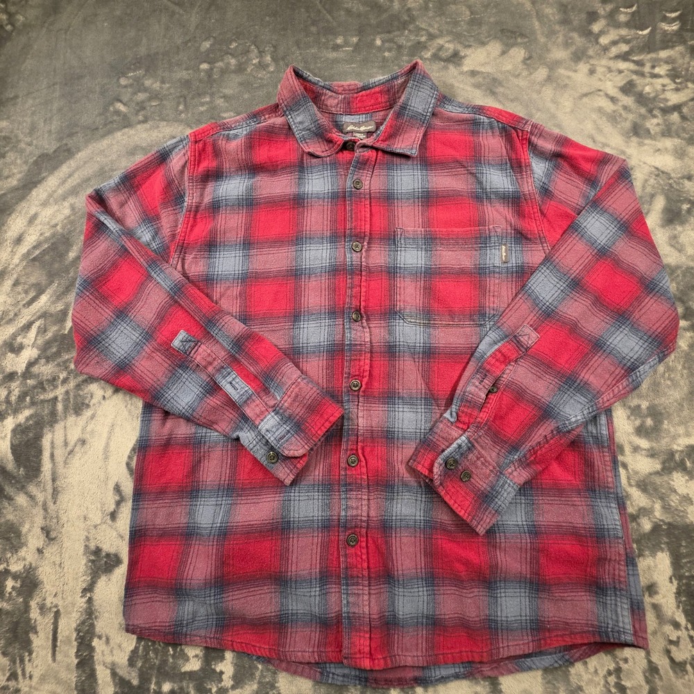 Eddie Bauer Mens XL Red Grey Plaid Flannel Shirt Long Sleeve Cotton Button Down